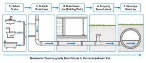 main sewer line flow process from interior branch drains to municipal main line