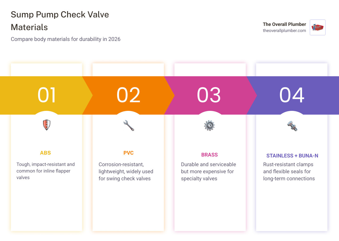 infographic comparing ABS PVC and brass sump check valves infographic