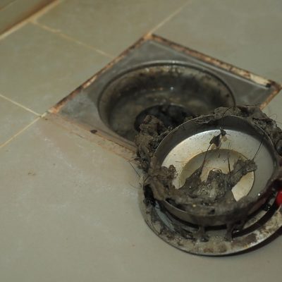 Drain cleaning. Clogged and dirty sewer pipes floor drain. Full of hair and accumulated clogged grease. Maintenance the floor drain sewage system in bathroom. fixing clean wash and unclog a drain.