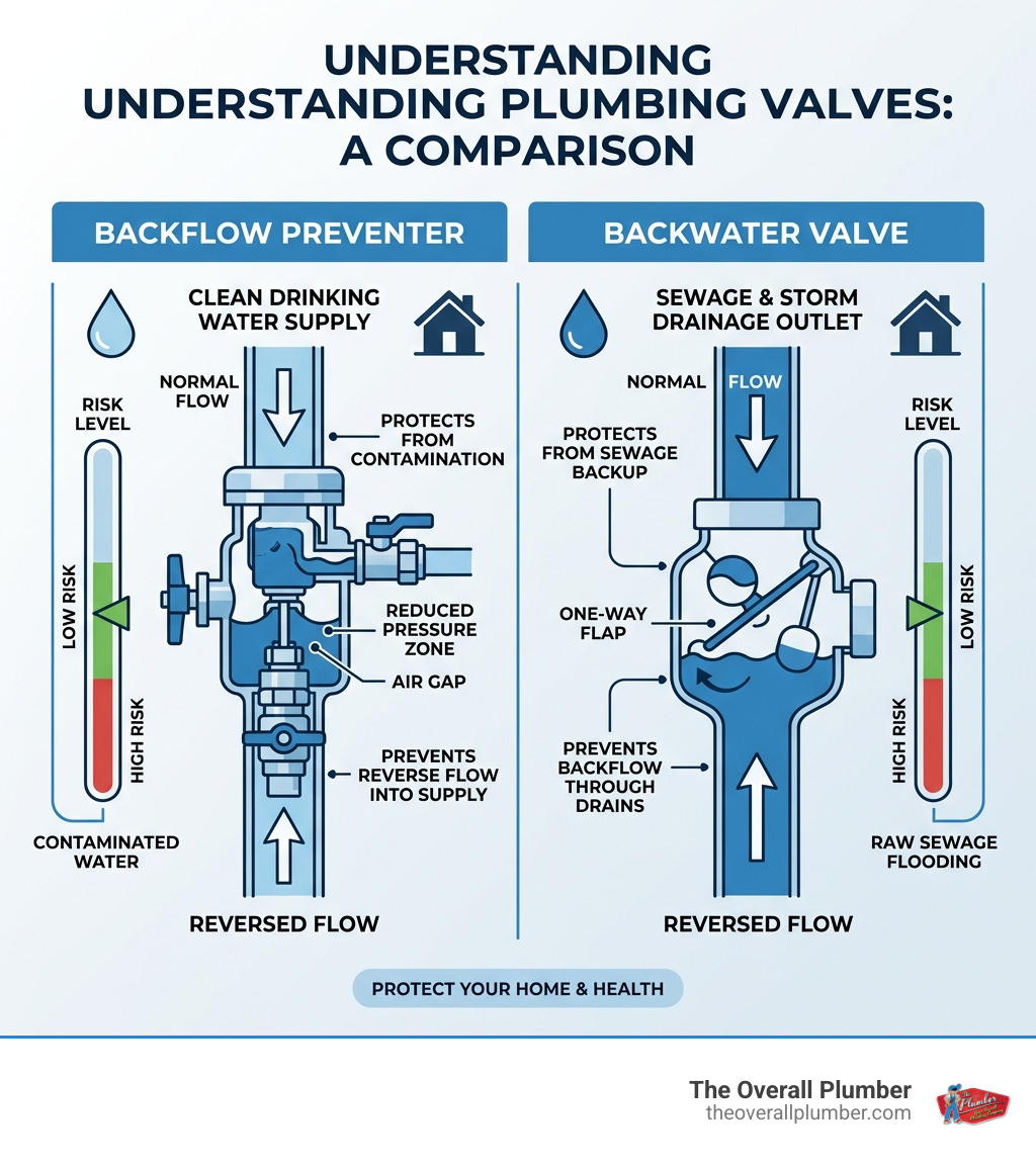 Infographic comparing backflow preventers and backwater valves with flow diagrams and risk levels - back flow valves
