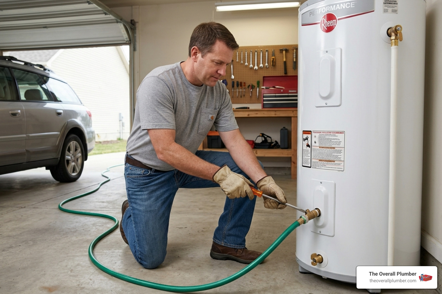 Homeowner preparing a garden hose and screwdriver to drain a water heater safely - drain hot water tank Homeowner preparing a garden hose and screwdriver to drain a water heater safely - drain hot water tank