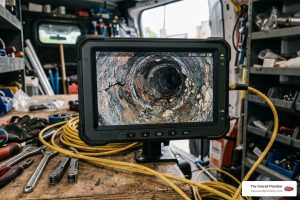 cracked cast iron pipe interior on high definition monitor