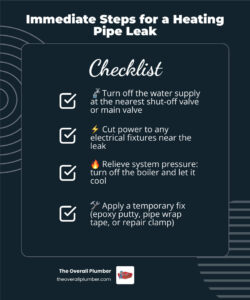 Immediate steps to take when a heating pipe leaks: shut off water, cut power, contain water, identify pipe, apply temp fix